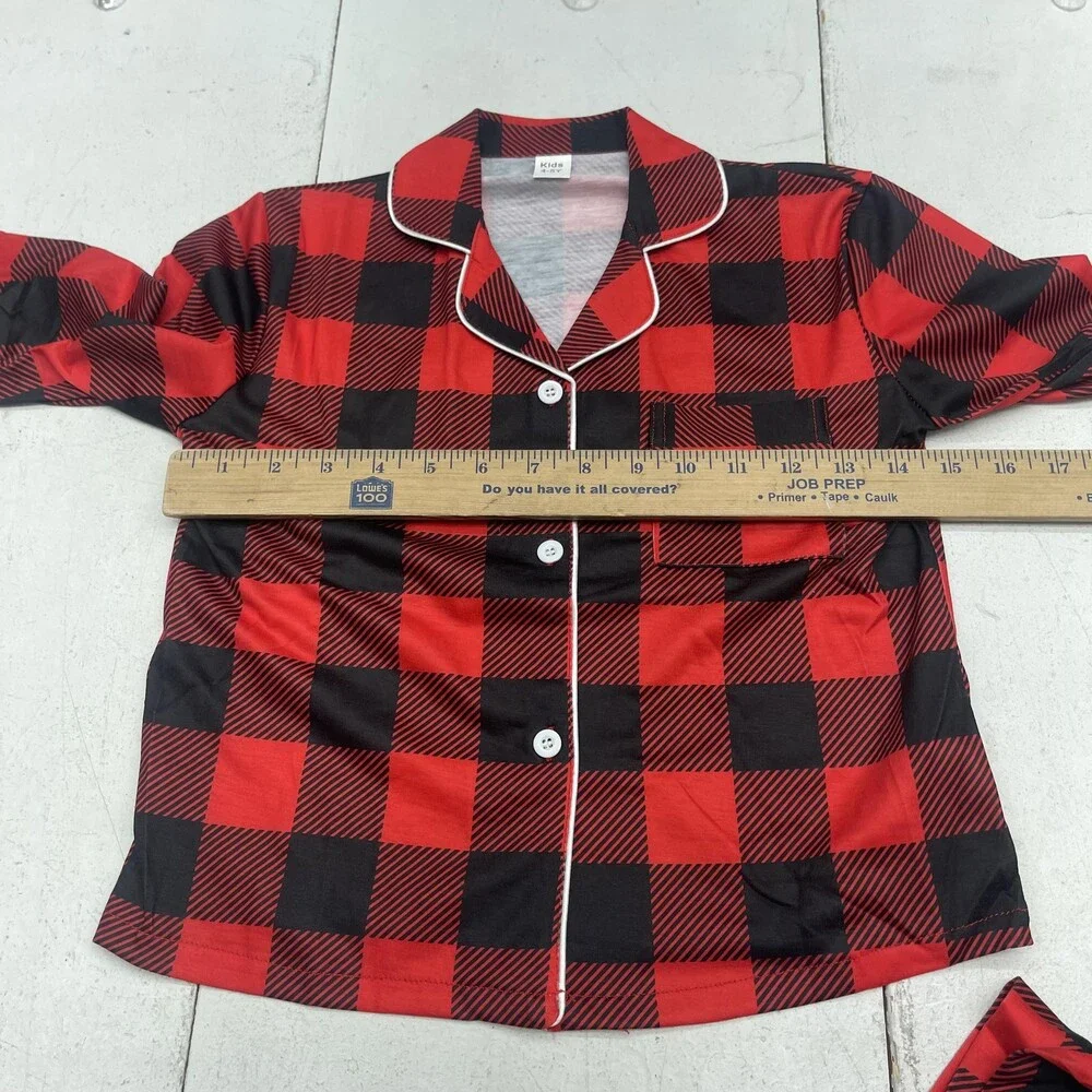 Buffalo Plaid Pajama Set Kids 4-5Y Red Jersey Button Front 2 Piece Sleepwear